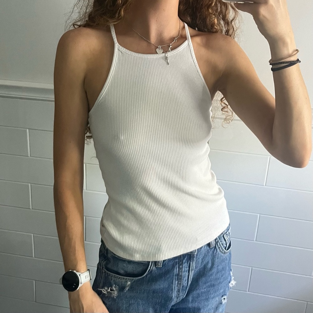 Ambiance White High Neck Ribbed Tank Top